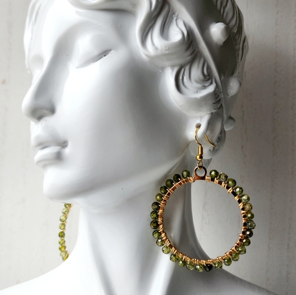 Hand-made Olive Green Semi-precious Zircon Hoop Earrings - Wire-wrapped - Picture 4 of 6